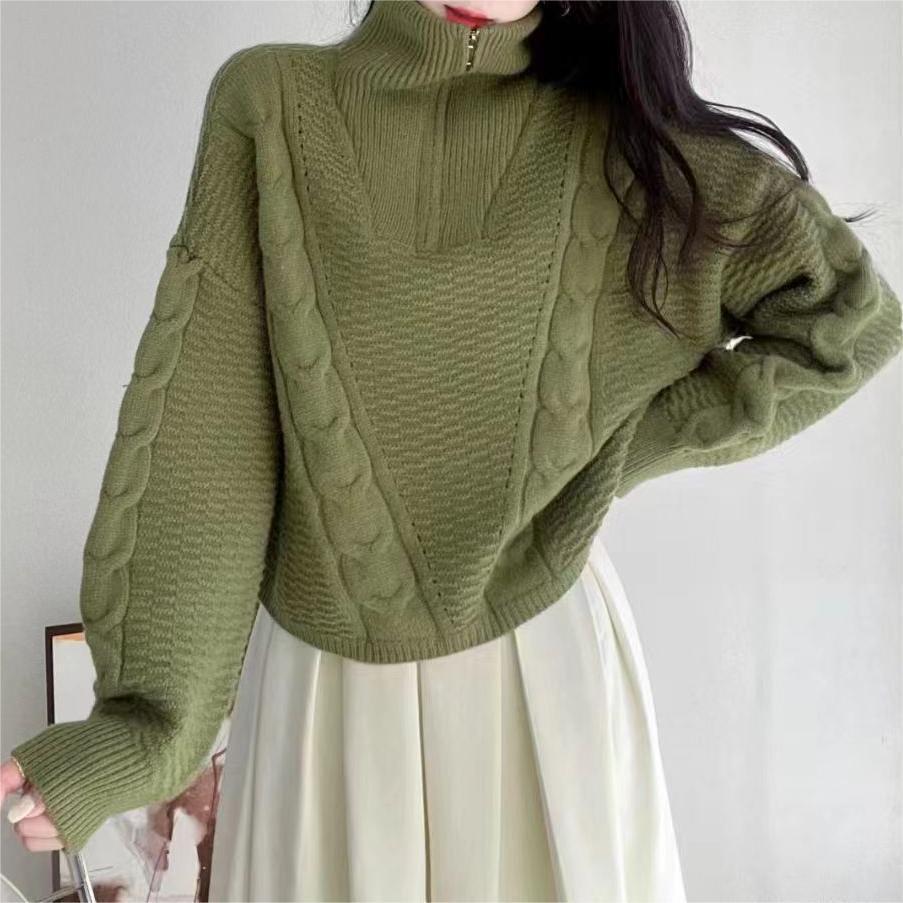 2025 New Women's Loose Japanese Style Half-Zip Cable Knit Turtleneck Sweater for Autumn and Winter