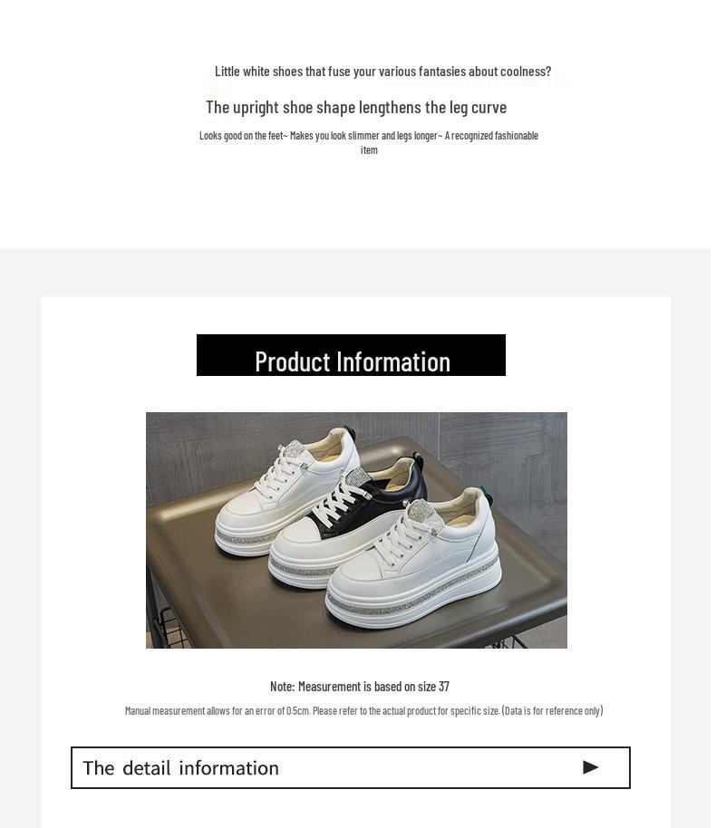 Women's White Platform Sneakers with Rhinestone Elastic Laces - Genuine Leather, Thick Sole, 7cm Height Boost, Lightweight & Versatile.