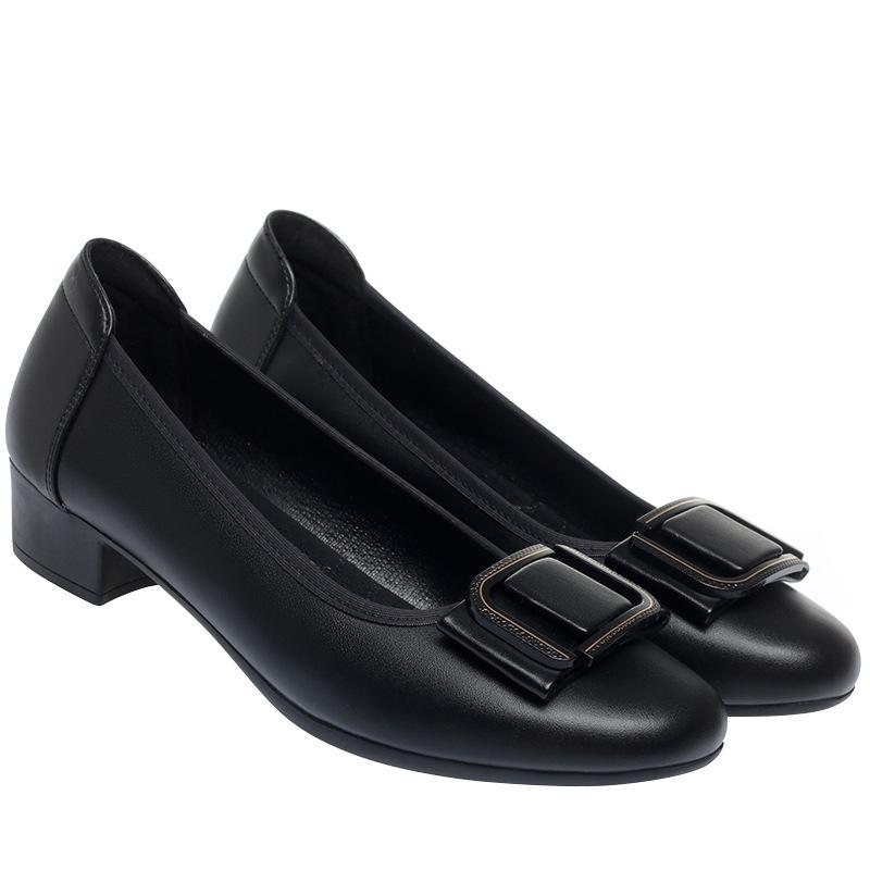 Mote Vår Nye Dame Mote Firkantet Hæl Pumps For Fest Dame Svart Pu Mykt Skinn Kontorsko Komfortable Ballerinaer Metallspenne