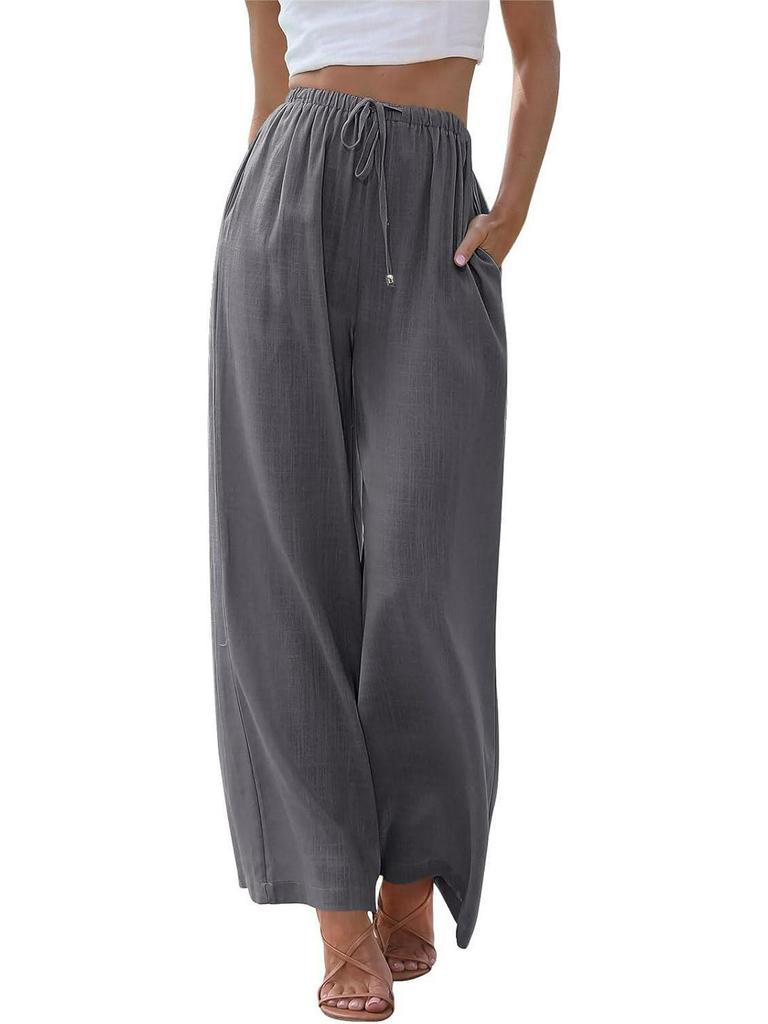 2024 Women's Linen Wide-Leg Drawstring Beach Pants with Pockets - European and American Style
