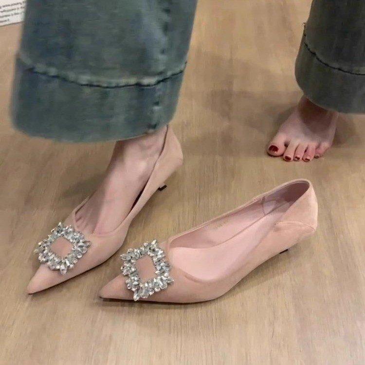 Temperament rhinestone square buckle high heels women's 2025 new French senior bridesmaid shoes pointed thin heel small heel single shoes