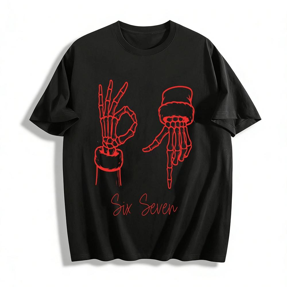 Funny Skeleton Hand SixSeven Print Casual Short Sleeve Tee Pure cotton T-shirt XXS