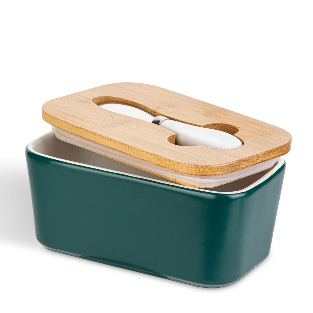 Bambusdeckel mit Keramik-Butterstreicher Butterdose Küche Kühlschrank Aufbewahrung Vorratsdosen Aufbewahrung Frischhaltebox Haushaltsgeschirr