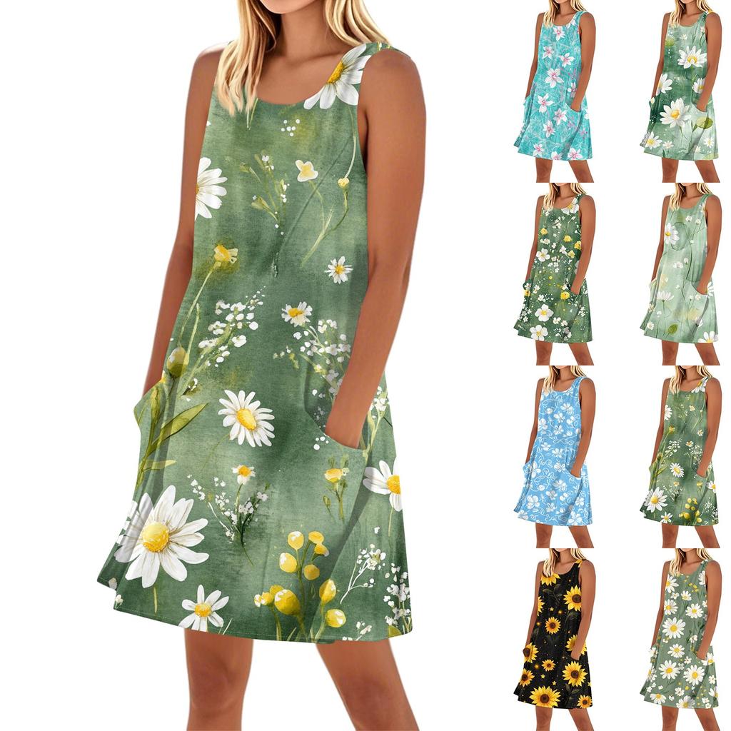 Lässiges und modisches ärmelloses, mittellanges Kleid mit Rundhalsausschnitt und Druck für Damen