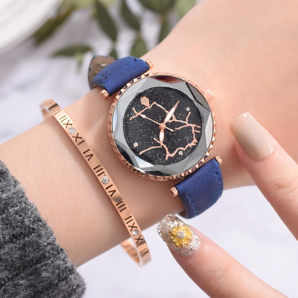 Fashion Female PU Strap Watch Simple Round Dial Causal Women Quartz Wristwatch(Blue)