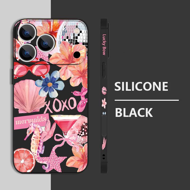 For iPhone 17 Pro Max Case Pink Cartoon Floral Pattern Soft Silicone Lanyard Cover For iPhone 16 Pro Max Cover iPhone 15 14 13 12 11 16E Air