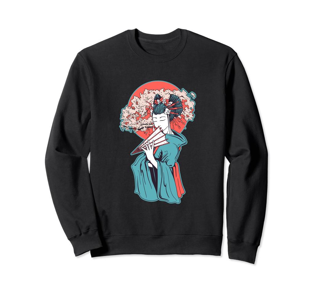 Beautiful Retro Japanese Geisha Girl Folding Fan Cherry Tree Sweatshirt