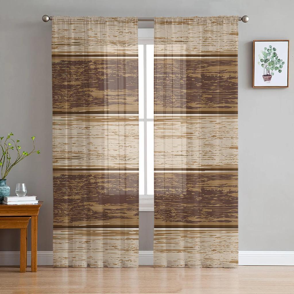 Braune Retro Holzmaserung Rustikale Durchsichtige Vorhänge für Wohnzimmerdekoration Fenstervorhang Küche Tüll Voile Organza Drapierungen
