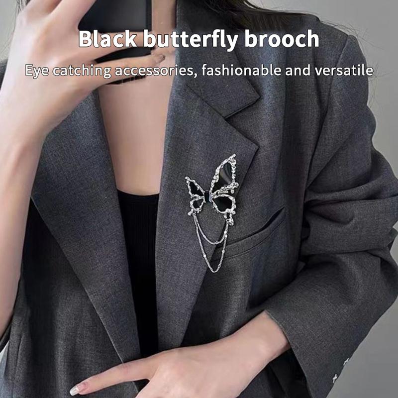 Black Butterfly Chain Tassel Brooches For Women Unisex Suit Sweater Corsage Badge Pins Clothes Accessories Party Wedding Gifts