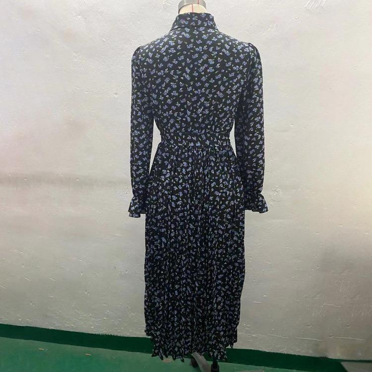 Women Autumn Winter Casual Long Sleeve V-neck Floral Print A-Line High Waist Ankle Length Dress