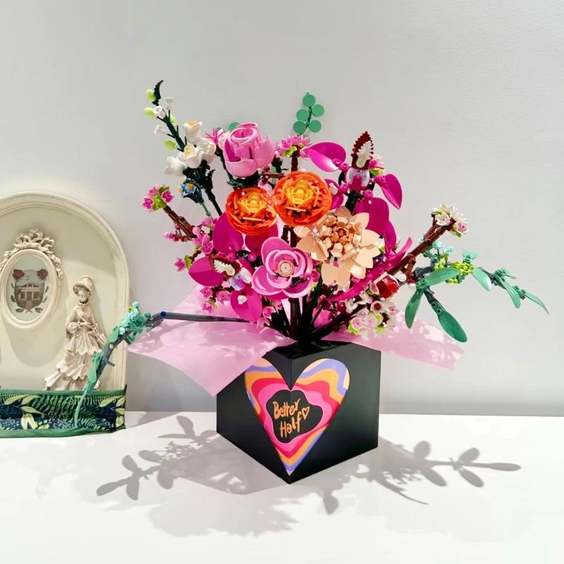 LOTOLO Mazzo di fiori Set blocchi di costruzione,Scatola di regalo portatile della rosa artificiale di simulazione per San Valentino,Pianta Bonsai Giocattoli di mattoni da costruzione (Viola