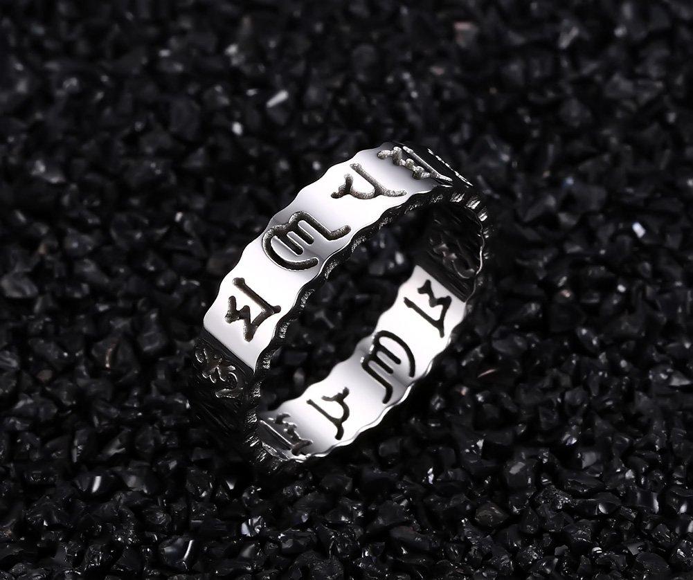 Rockyu and One Size Fits All Silver 925 Pure Silver Buddhist Lotus Ring with Heart Sutra Buddhist Amulet Ring for Protection from Evil and Good