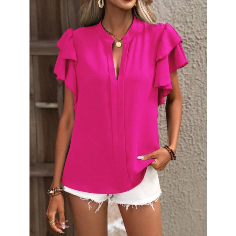 VEZFAA Damenmode, lässig, Sommer, Frühling, einfarbig, bedruckt, kurzärmelig, V-Ausschnitt, Blusen und Hemden