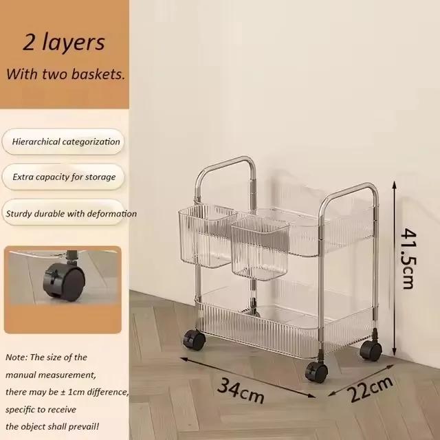 

3-layer transparent storage rack trolley, acrylic rolling cart with hanging basket, bathroom bookshelf and makeup organizer