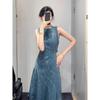 Women's Summer French Retro A-Line Sleeveless Denim Dress – Petite Loose Fit