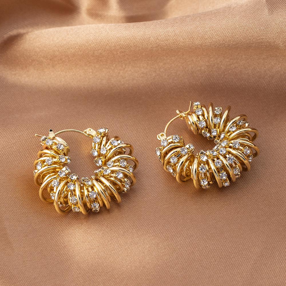 Evropské a americké spirálové náušnice s diamanty: Luxusní, špičkové kruhové náušnice s trendy, niche chladným stylem