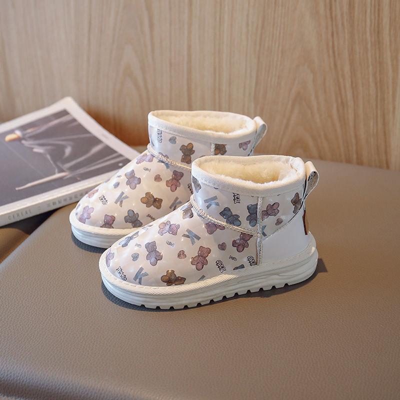 Girls' Warm Bear Snow Boots 2025 Winter Children's Piled Thickened Cotton Shoes Medium and Large Children's Boys' Leather Boots