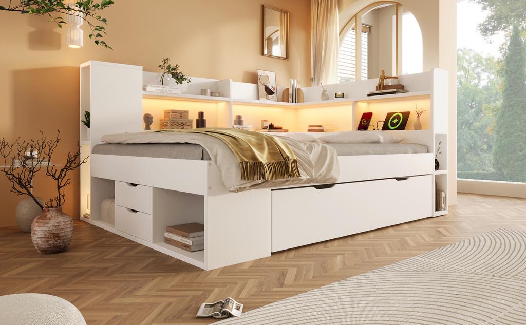 Daybed 140x200 cm Bianco Letto Singolo/Doppio per Ospiti, Base in Legno, Illuminazione a LED, Ricarica USB e Type-C, Mensole e Cassetti, incl.. Struttura a doghe (Con Materasso)