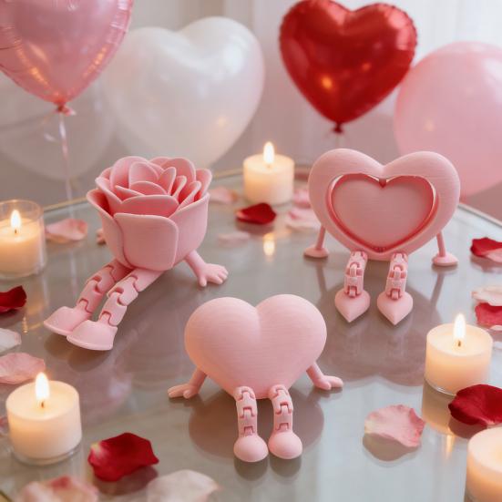 3 Pcs 3D Printed Valentine's Day Decoration Articulated Pink Heart Rose Figurine with Flexible Legs for Office Home Shelf Decor Lovers