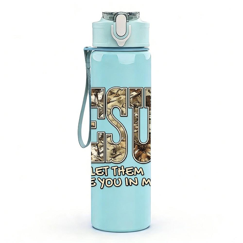 1PC JESUS Worn Retro Letter Badge Print 750ml Color Plastic Sports Water Bottle Leakproof Flip Straw Lid Suitable for Sports Office Home Use