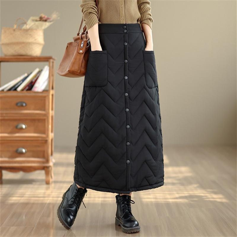 Cotton Padded Plus Size High Waist Vintage Black Spring Autumn Winter Casual Loose Long for Woman Skirts Womens Skirt