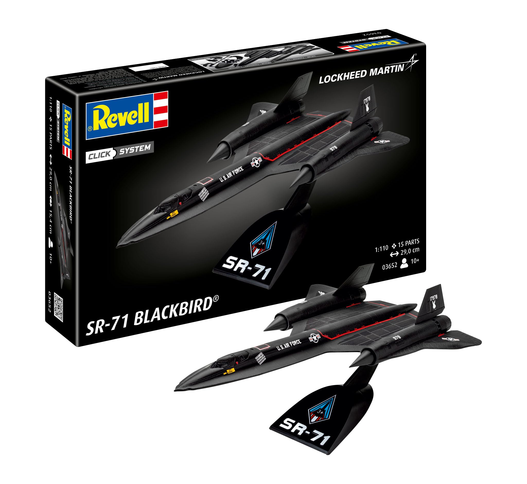 

German Revell scale US Air Force Lockheed Blackbird plastic model kit molded in color 1/110 SR-71 03652,