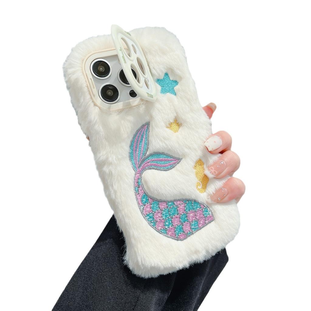 Autumn and Winter Plush Whale Mobile Phone Case Is Suitable for Apple 16PROMAX Trend 14 Fine Hole 15 Lens Holder 11