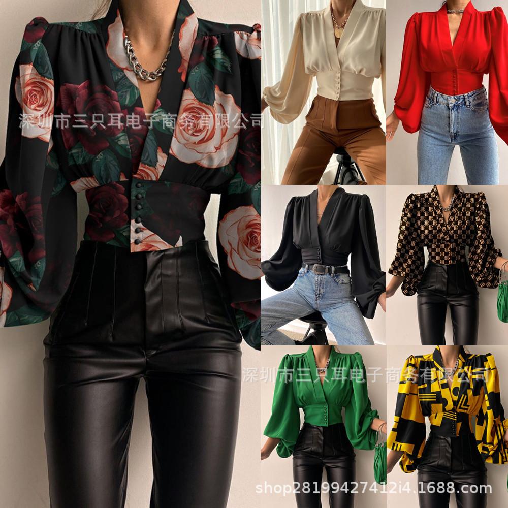 

Топ-рубашка с V-образным вырезом на пуговицах и рукавами-фонариками, весна 2021 XL