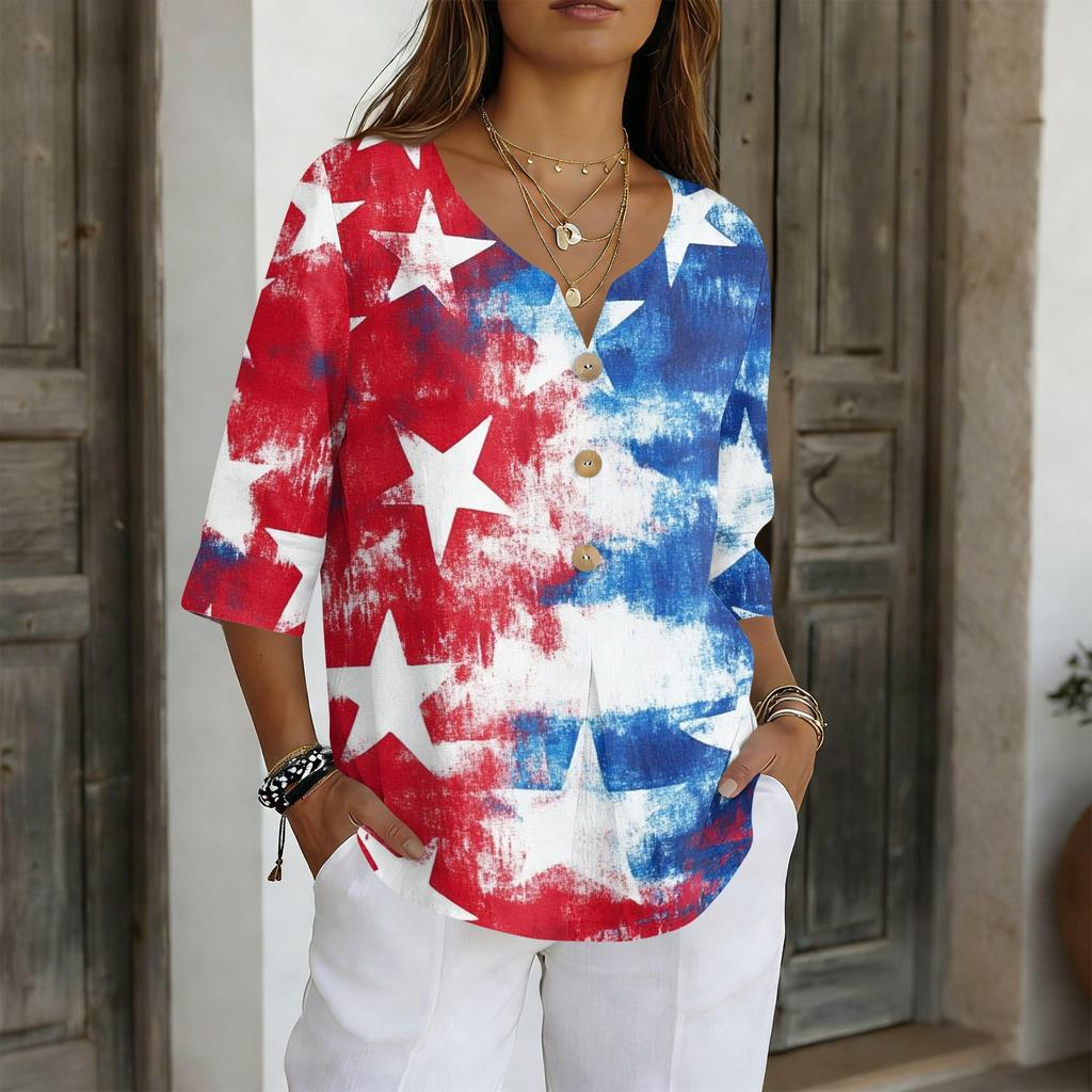 Women's V Neck Button Front Pullover Top Three Quarter Sleeve Casual Tunic Shirt with Independence Day Print