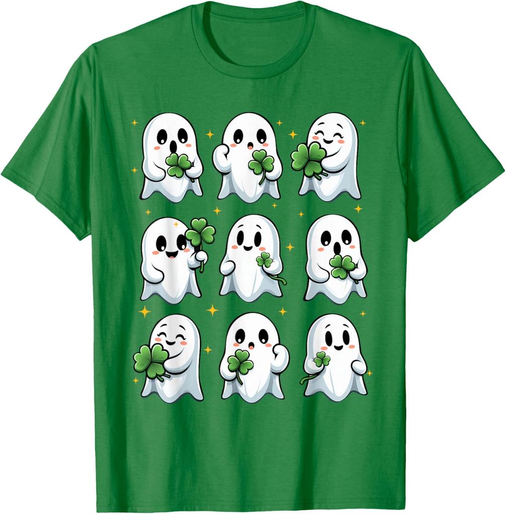 T-shirt Graphique Mignon Fantôme Tenant un Trèfle Saint-Patrick Cadeau Irlandais Drôle T-shirt Casual à Manches Courtes