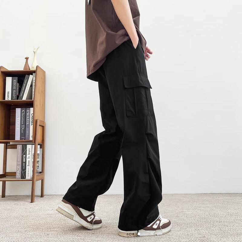 Homlean American-Style Wide-Leg Paratrooper Cargo Pants for Men, Spring Outdoor Sports Versatile Heightening Straight-Leg Trousers KMX05 Black 2XL