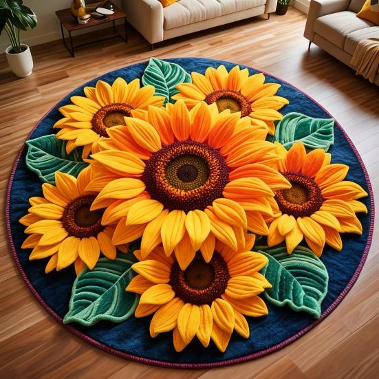 Yousheng 3D Sunflower Floor Mat Non-Slip Absorbent Bathroom Rug Quick-Dry Round Floral Area Rug for Farmhouse Bedroom Entryway Living Room