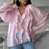 Autumn, French elegant sweet ruffle V-neck lace-up shirt European beautiful woman personality perspective top