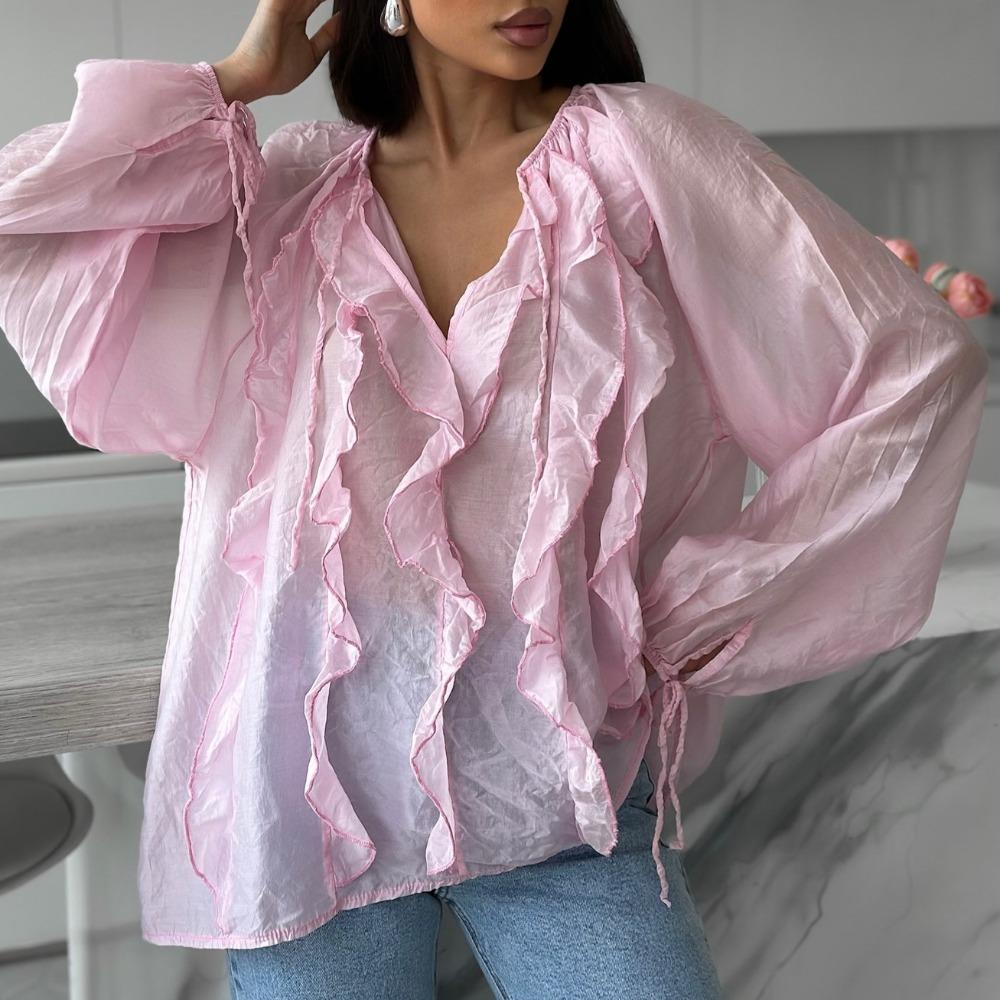 Autumn, French elegant sweet ruffle V-neck lace-up shirt European beautiful woman personality perspective top