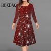 Weihnachtspartykleid Herbst Damen Langarm A-Linienkleider Damen Weihnachten Schneeflocken
