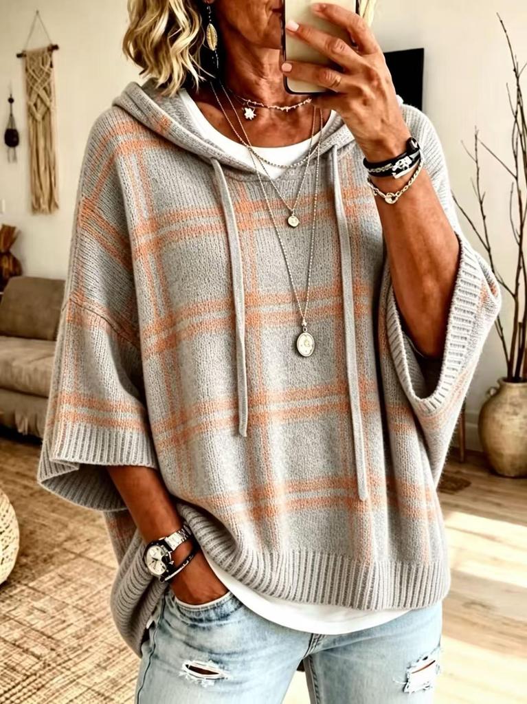 2026 European & American Women's Knit Hooded Drawstring Sweatshirt Sweater - New Style Woolen Loose Fit