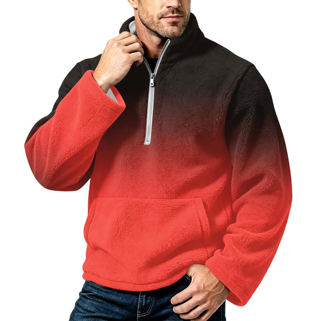 Men's Flannel Zip-Up Sweatshirt with Two-Tone Gradient Print, Stand Collar, Plus Size, Casual Fall Winter Fashion
