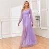 European and American Style Elegant V-Neck Long-Sleeved Shiny Evening Dress Wedding Party Cocktail Birthday Dress Plus Size Dress