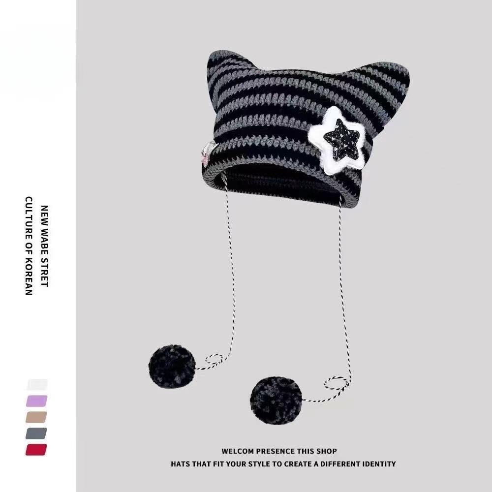 1pc Cute Cat Ears Beanie Hat For Women Winter Striped Korean Punk Gothic Y2K Wool Knitted Streetwear Handmade Crochet Bucket Cap
