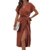 Women's Short Sleeve Maxi Dress V-Neck Solid Color Side Split Long Dress Formal Evening Party Maxi Gown