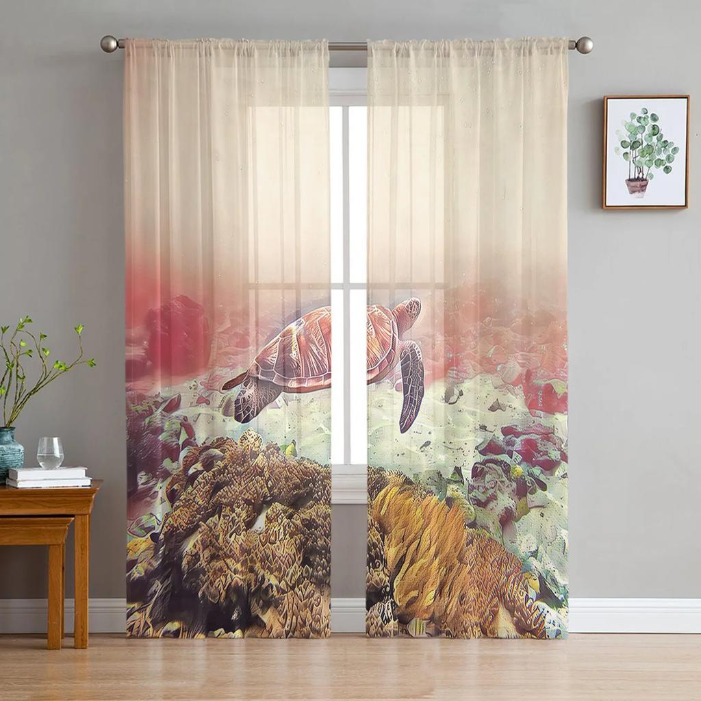Sea Turtle Ocean Creature Landscape Voile Curtains Living Room Bedroom Transparent Tulle Window Drapes Curtain With Sheer Polyester Perfect For Area