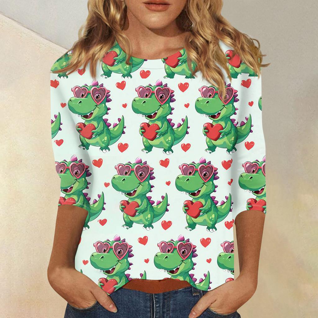 Damen Modisches Lässiges Dreiviertelarm Herzförmig Bedrucktes Rundhals-Top