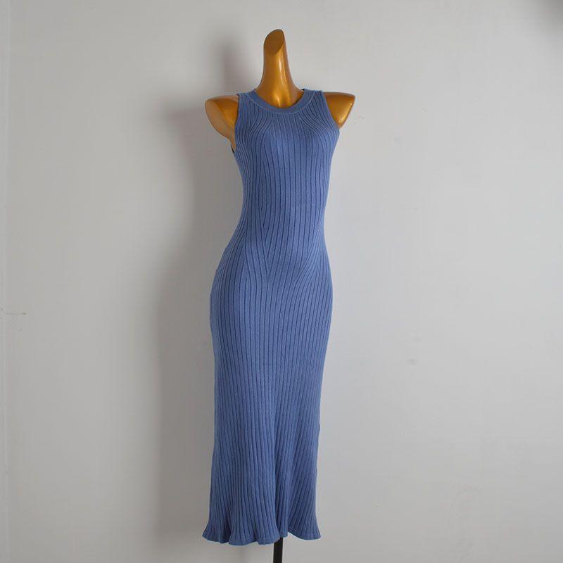 Foreign Trade Simple Color Simple Round Neck Strapless Sleeveless Knitted Dress Women Clothes Spring and Summer Waist Hugging Slimming Vest Long Dress