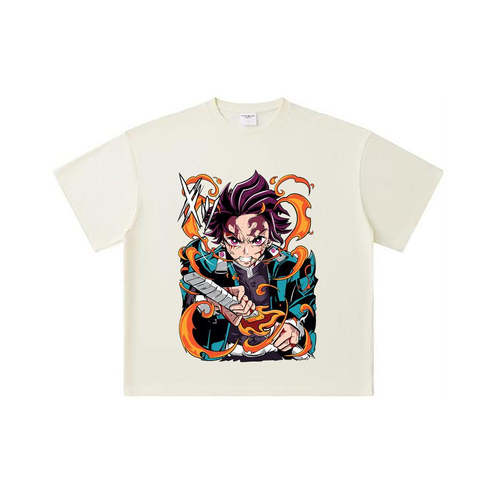 

260 GSM Double Yarn 32 Count 100% Cotton Demon Slayer V64 Tanjiro Fire Breathing Print Unisex Heavy Cotton T Shirt S абрикосовый