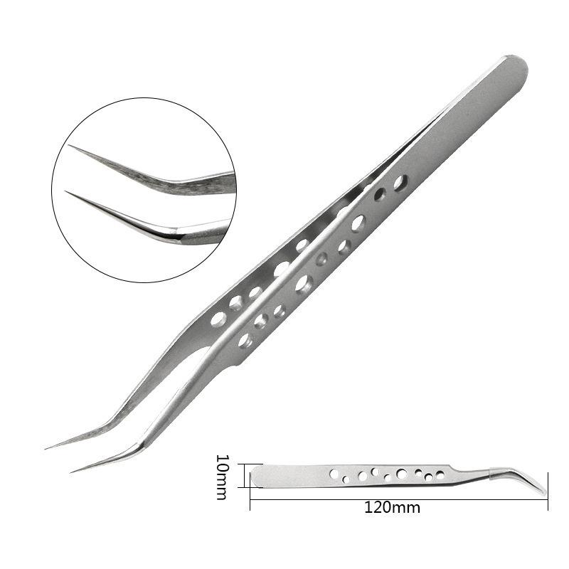 Stainless Steel Bent Tip Sandblasting/Bright Polish Repair Tweezers with Nine-Hole Hard Flat Tip