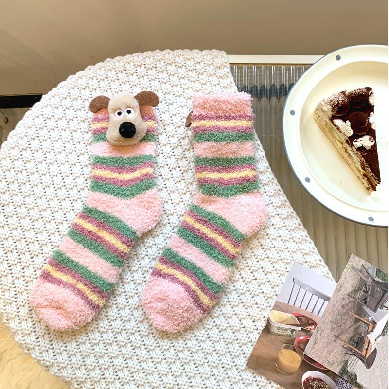 Cute Puppy Coral Fleece Striped Socks for Women's Autumn and Winter Warmth, Three-dimensional Cartoon Thickened Mid-calf Socks