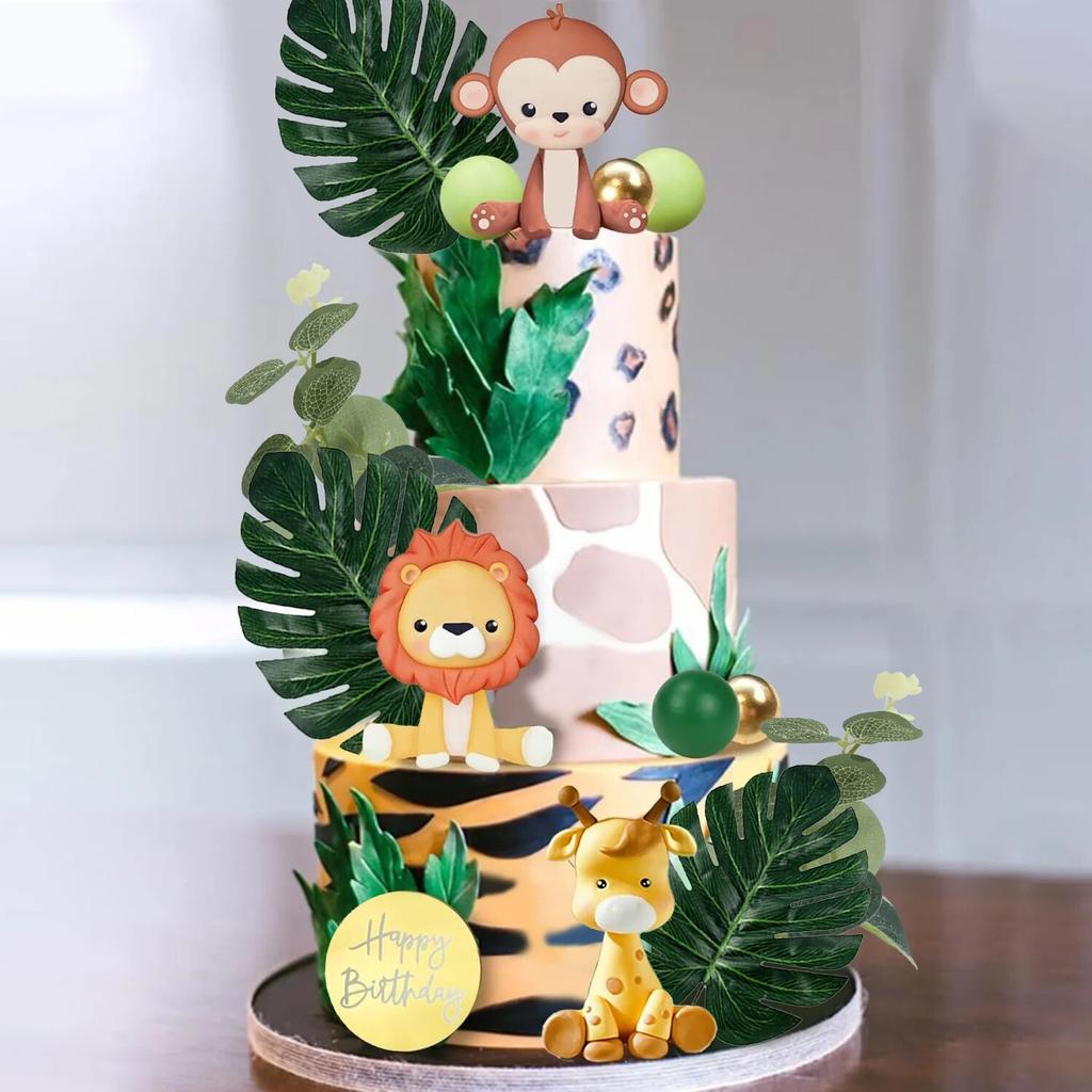 Dschungel Safari Tier Kuchen Topper mit bunten Kugeln Palmblätter Kuchen Dekoration für Mädchen Jungen Wildes Thema Geburtstagsparty Baby