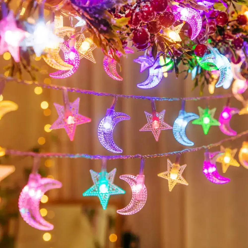 LED Colorful Star and Moon Decoration Atmosphere Lamp String Fairy Decoration Hanging Lamp for Home Garden Camping and Gathering