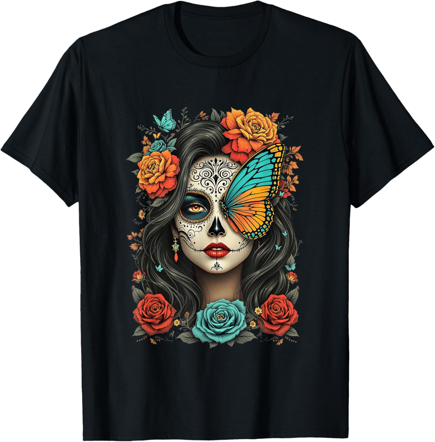 Floral Sugar Skull Day-of-The-Dead Dia-de-Los-Muertos Women T-Shirt L