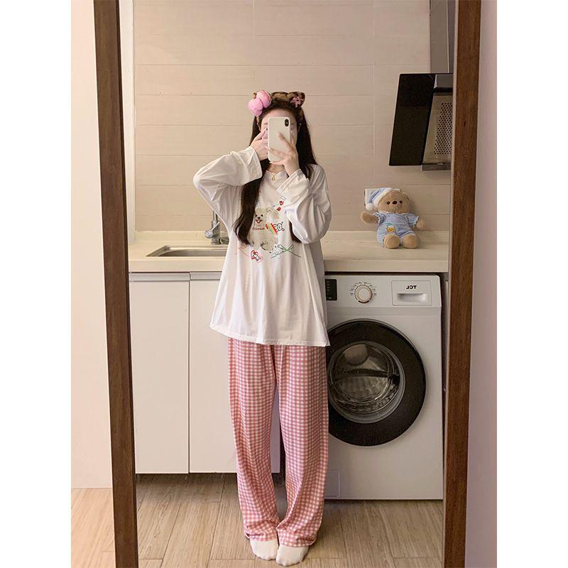 Women's Cartoon Style Autumn Pajamas Set - Long Sleeve, Long Pants, Wearable Outdoors, Imitation Cotton and Pure Cotton Fabric